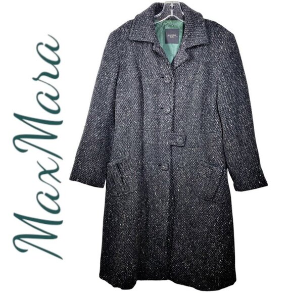 MAX MARA WEEKEND Vintage Wool Tweed Longline Button Front Charcoal Dress Coat 10 - Picture 1 of 10